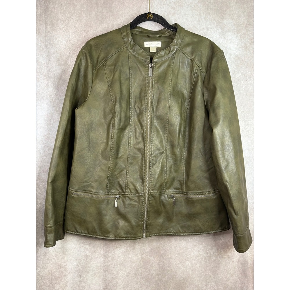 Christopher & Banks Jacket Womens XL Olive Green Faux Leather Zip Up Moto